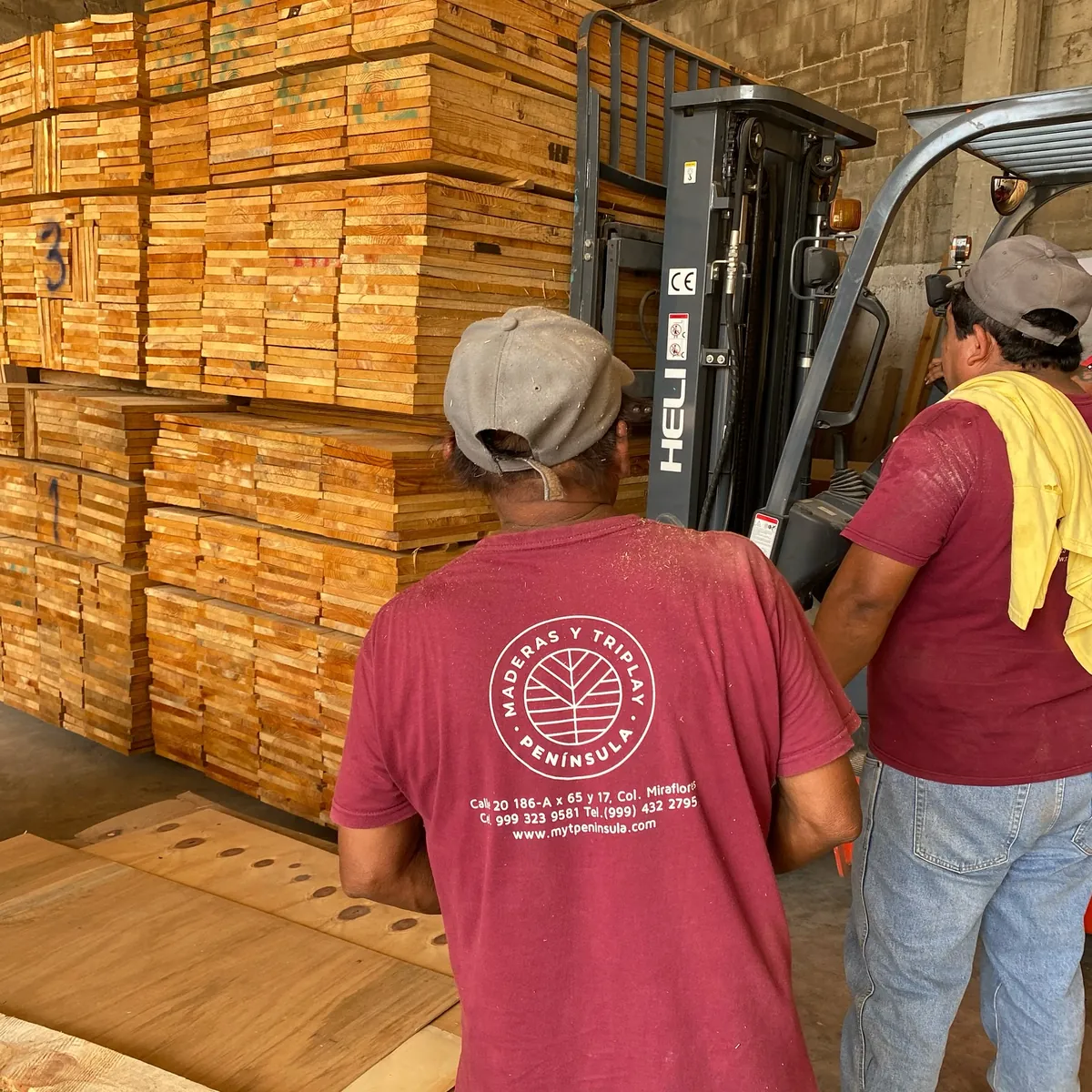 Equipo de Maderas y Triplay Península cargando madera con montacargas